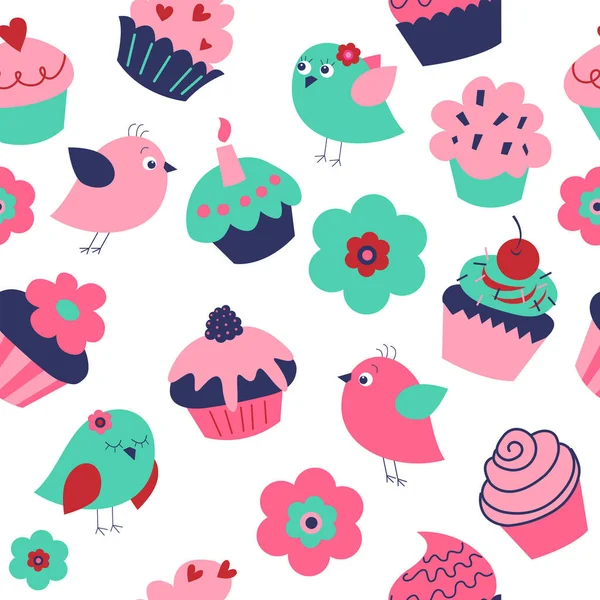 Textura Vacaciones Sin Fisuras Con Aves Cupcakes — Vector de stock