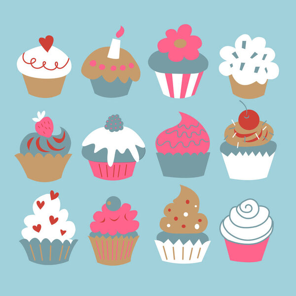 A set of a cupcakes on a blue background