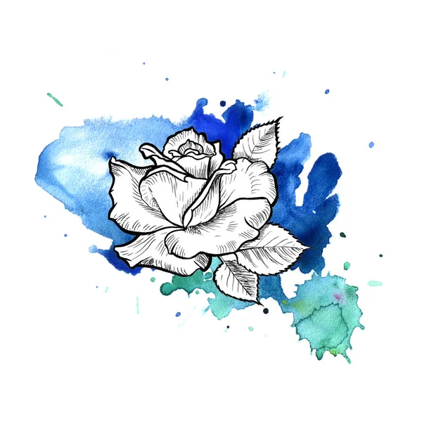 A bright blue formless watercolor blot.  Rose ink flower line graphic