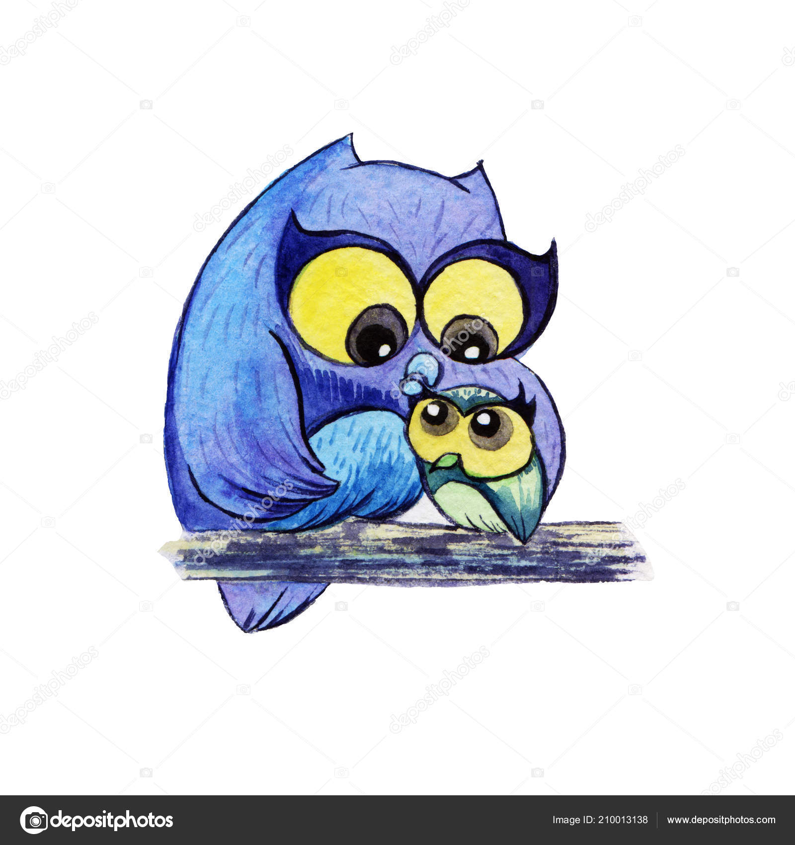 Watercolor Painted Owl Cartoon Characters Tree Stock Photo