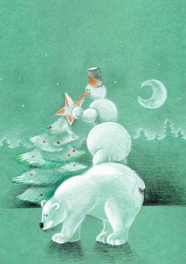 Kardan adam kutup ayısı bir Noel ağacı süsle. Elle çizilmiş illüstrasyon.