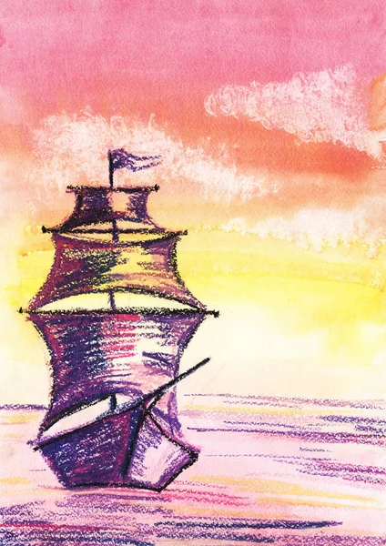 Fadas veleiro navega em um mar calmo por do sol. Ilustração aquarela romântica. Desenhado à mão sobre papel — Fotografia de Stock