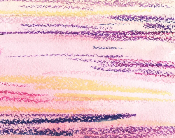 Colorful abstract background. lilac, purple, violet, yellow dash stripes on a light toned with pink watercolor textured paper. Hand drawn illustration