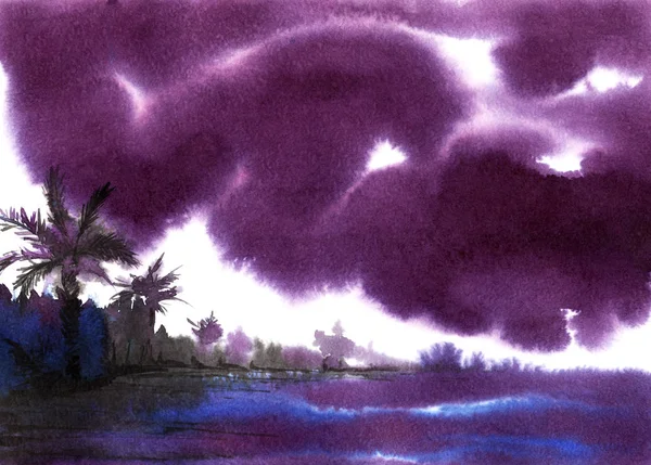 Absztrakt táj. Sötét, viharos felhők trópusi part felett. Kézzel rajzolt akvarell illusztráció a nedves texturált papír — Stock Fotó