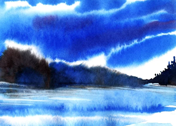 Watercolor abstract sketch Landscape with far mountains on the lake. Hand drawn on a wet paper illustration