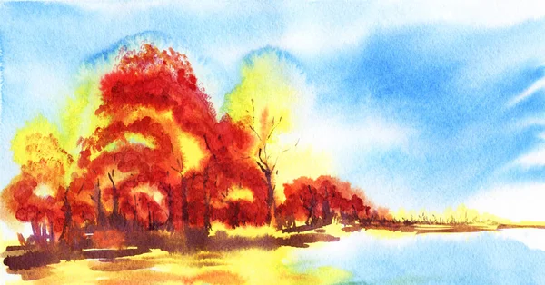 Herfst landschap. Rode en gele bomen; blauwe water, heldere dag hemel. Hand getekend aquarel illustratie — Stockfoto