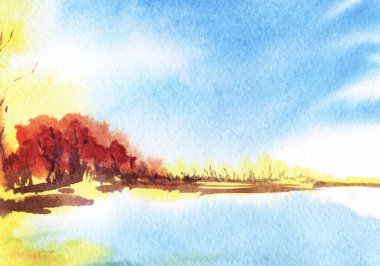 Sonbahar manzara. Kırmızı ve sarı ağaçlar; mavi su, parlak gökyüzü. El suluboya resim çekilmiş