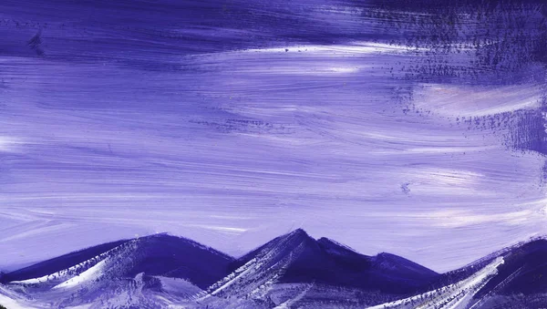 Montanhas azuis e um céu frio. Mão desenhada com pincel em uma ilustração de pintura de papel . — Fotografia de Stock