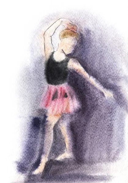 Акварельный Рисунок Маленькой Танцовщицы Ручная Иллюстрация Мокрой Текстурной Бумаге — стоковое фото