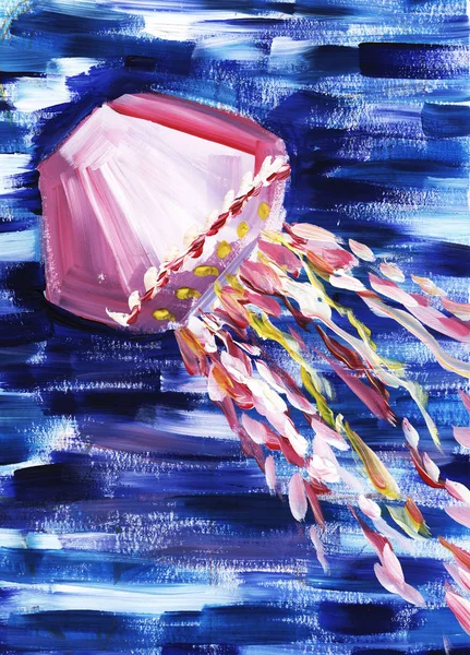 Jellyfish. Abstract impressionism painting. Hand painted with gouache on a paper