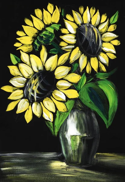 Masih hidup dengan bunga matahari di latar belakang hitam. Tangan dicat pada ilustrasi kertas — Stok Foto