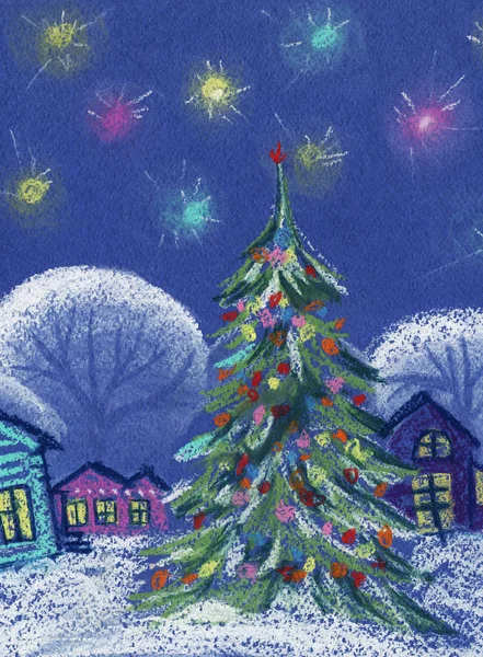 Notte di Natale stellata. Piccole case colorate alberi innevati, abete di Natale. Illustrazione pastello disegnata a mano su carta patinata blu — Foto Stock