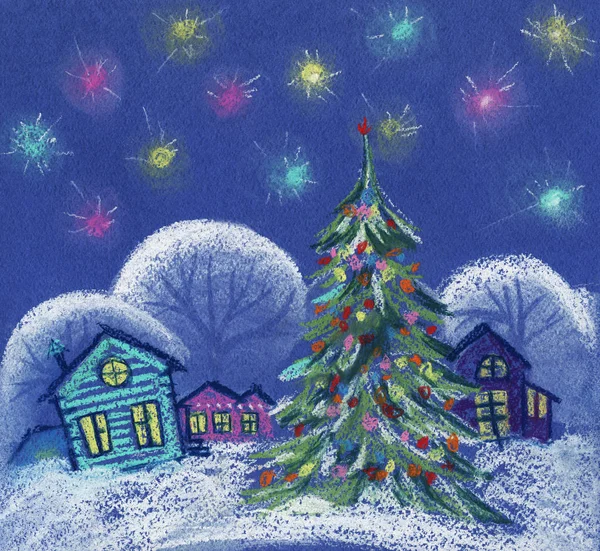 Csillagos Karácsony este. Kis színes házak havas fák, karácsonyi fenyő. Kézzel rajzolt ábra pasztell kék texturált papír — Stock Fotó