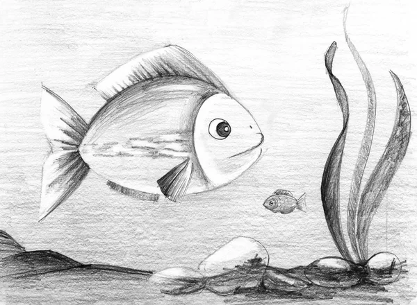 两条鱼。手绘铅笔素描 — 图库照片