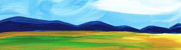 Paisaje abstracto. Montañas bosque bajo cielo azul y campos . — Foto de Stock