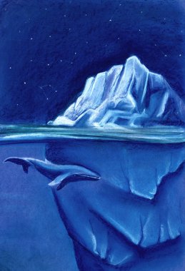 Bir büyük beyaz buzdağı Arctic yıldızlı gece gökyüzünde. Mavi balina. Kağıt çizim üzerine pastel ile boyalı.