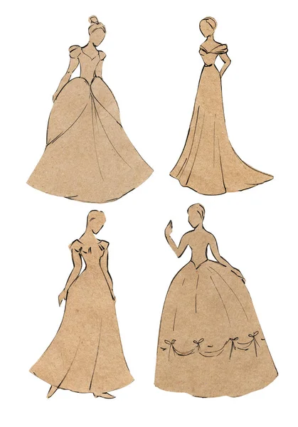 Εφαρμογή του craft χαρτιού. Σχεδιάστε το περίγραμμα των όμορφων κοριτσιών σε ένα φόρεμα μπάλα. Απομονωμένα σε λευκό φόντο — Φωτογραφία Αρχείου