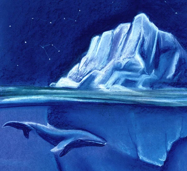 Bir büyük beyaz buzdağı yıldızlı gece gökyüzü arka plan üzerinde. Mavi balina. Kağıt çizim üzerine pastel ile boyalı. — Stok fotoğraf