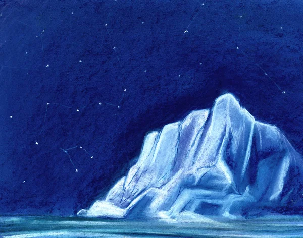 Egy hatalmas fehér jéghegy, a háttérben az éjszakai égbolton. Festett pasztell, papír ábrán. — Stock Fotó
