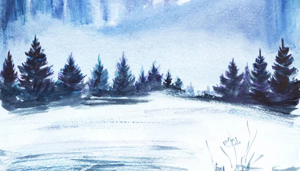 Зимний пейзаж. Пышные еловые леса, снежное поле. Ручная рисованная акварель — стоковое фото