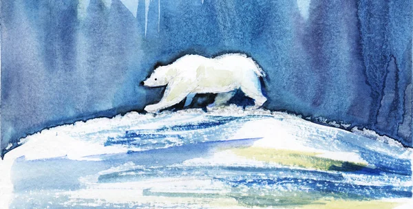 Ein Eisbär wandert vor der Kulisse des Nordlichts um den Globus. Handgezeichnete Aquarell-Illustration — Stockfoto