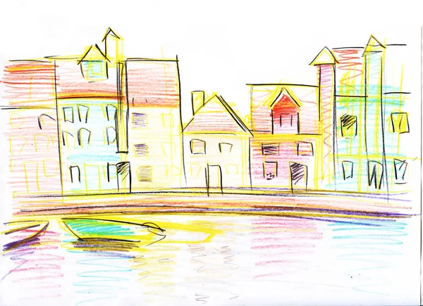 Барвисті олівець ескіз венеціанських будинків. Боку звернено ілюстрація. — стокове фото