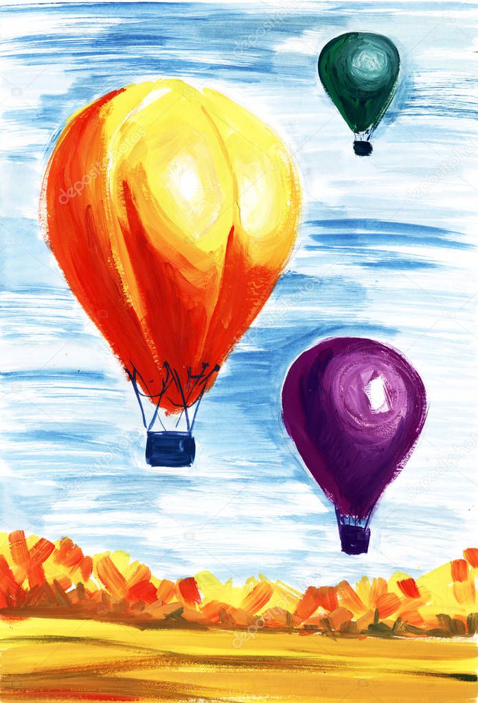 Giant balloons in the air against the blue sky Autumn landscape. Hand-drawn acrylic art illustration.