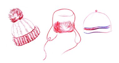 Ushanka şapka, örme şapka, şapka ponpon ile. Çizilmiş kalem kroki çizimi. Beyaz arka plan üzerinde izole