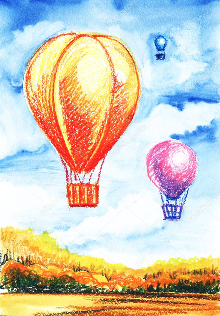 Giant balloons in the air against the blue sky Autumn landscape. Hand-drawn illustration.