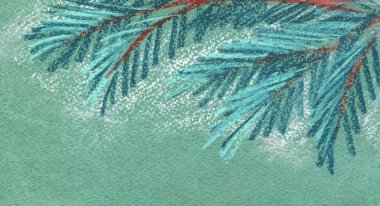 Çam dalları. Dekoratif arka plan çizilmiş. Yeşil kağıt üzerine pastel resimde