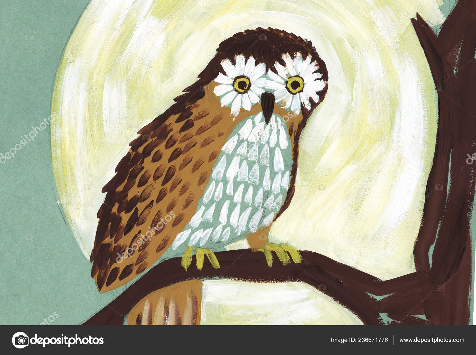 Coruja em um galho no fundo da lua. ilustração de arte desenhada à mão de  guache Ilustração de ©Jolly-oly #236671776, image size:1600x1194