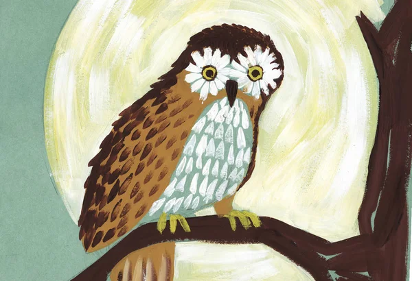 Owl on a branch on the background of the moon. Hand-drawn art illustration of gouache — Stock Photo, Image