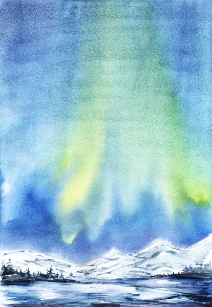 Téli táj. Távoli havas hegyek. Sötét sziluettje fenyő erdő, a hóval borított völgyben vagy a befagyott tó. Északi fény. Kézzel rajzolt akvarell ábra — Stock Fotó