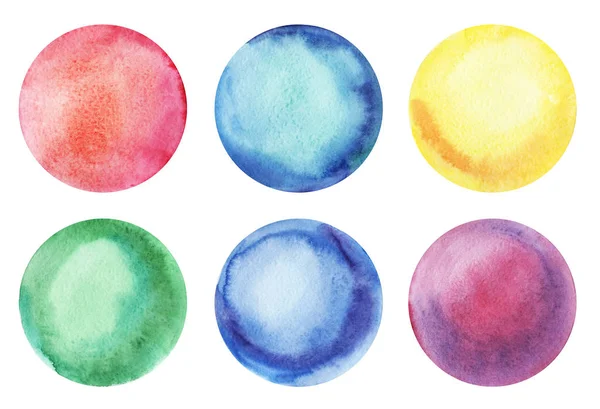Seis redondos fundos coloridos abstratos aquarela com um gradiente radial. Ilustração em papel desenhado à mão — Fotografia de Stock