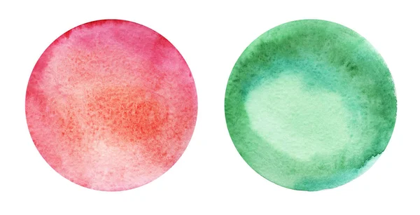Dos fondos de acuarela abstracta redonda de colores rojo y verde con un gradiente radial. Ilustración en papel dibujado a mano —  Fotos de Stock