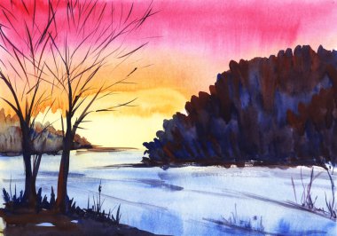 Parlak gün batımı. Kış manzarası. Pembe-turuncu degrade arka plan üzerinde ağaç siluet. Karanlık Orman siluet. Suluboya resim çizilmiş