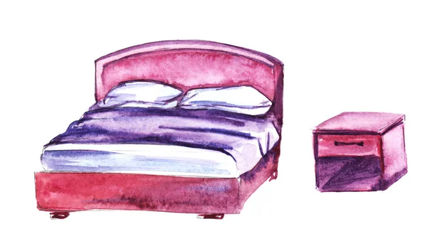 Růžová ložnice nábytek. Postel, noční stolek. Ručně kreslené ilustrace akvarel. Izolované na bílém pozadí — Stock fotografie
