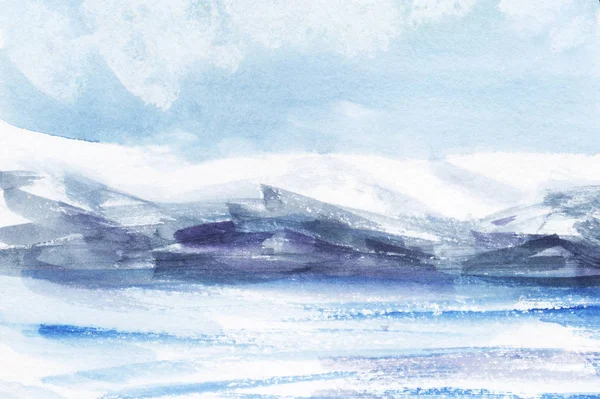 Watercolor abstract landscape. Ice fields, cold mountains. Light cloudy sky. Hand drawn on a paper illustration. — Stock Photo, Image
