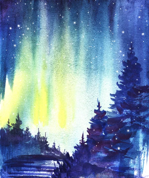 Winterlandschap. Donkere silhouet van vuren bos, met sneeuw bedekte vallei. Noorderlicht. Aquarel illustratie handgetekende — Stockfoto