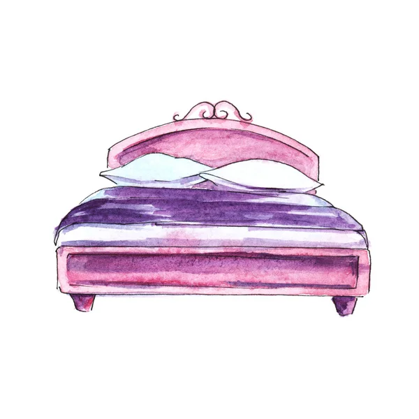 Pink bedroom furniture. Bed. Hand-drawn watercolor illustration. Isolated on white background — Stock Photo, Image