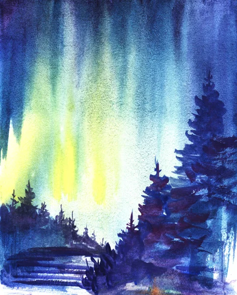 Winterlandschap. Donkere silhouet van vuren bos, met sneeuw bedekte vallei. Noorderlicht. Aquarel illustratie handgetekende — Stockfoto