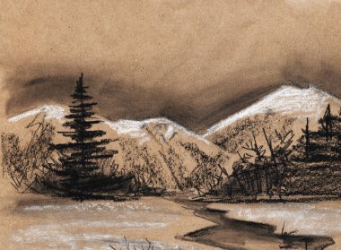 Manzara erken bahar. Firs, dağ, nehir, alan, orman. 