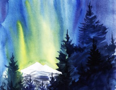 Uzun boylu firs Kuzey ışıkları ve karla kaplı dağlar arka planı koyu siluetleri. Arka plan. Suluboya resim çizilmiş.