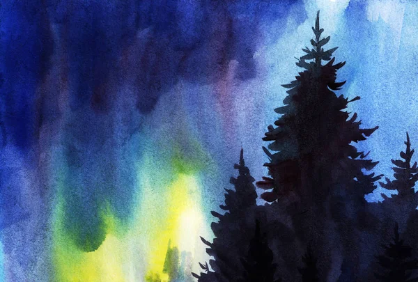 Dark silhouettes of tall firs against the background of the northern lights. Abstract background. Hand-drawn watercolor illustration