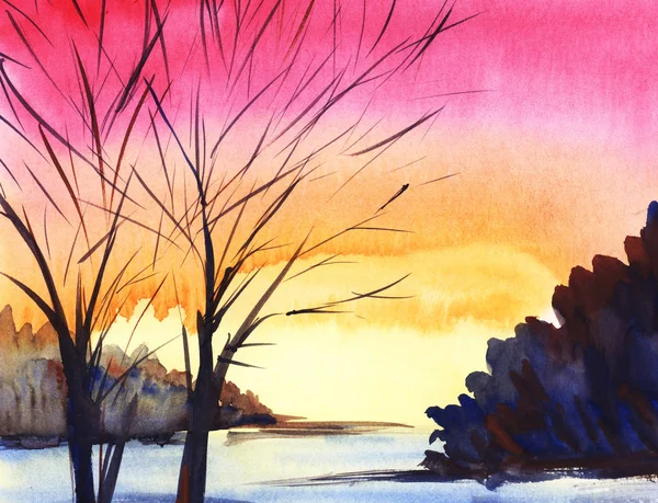 Tramonto luminoso. Paesaggio invernale. Silhouette dell'albero su sfondo sfumato rosa-arancio. Foresta scura silhouette. Illustrazione ad acquerello disegnata a mano — Foto Stock