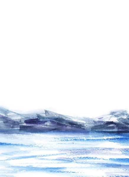 Plantilla página. Acuarela paisaje abstracto. Campos de hielo, montañas frías. Cielo nublado claro. Mano dibujada en una ilustración en papel . — Foto de Stock