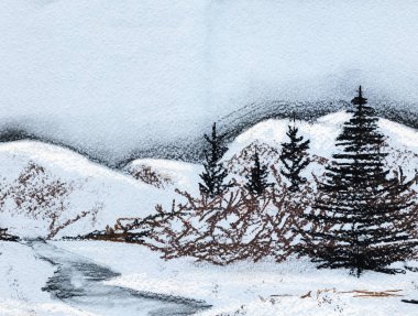 Manzara erken bahar. Firs, dağ, nehir, alan, orman. Tebeşir, kömür ve kanlı dokulu kağıt üzerine çizilmiş grafik illüstrasyon