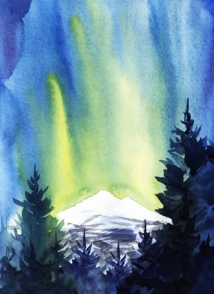 在北极光和雪山的背景下, 高冷杉的黑暗轮廓。抽象背景。手绘水彩插图 — 图库照片