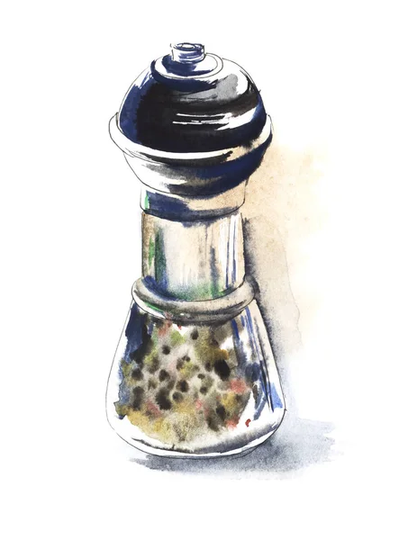 Schets glas peper grinder met peper. Aquarel illustratie getekend door handen op natte papier. — Stockfoto