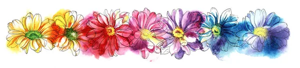 Farbenfrohe Blumen umranden. handgezeichnete aquarellierte Skizze Illustration — Stockfoto